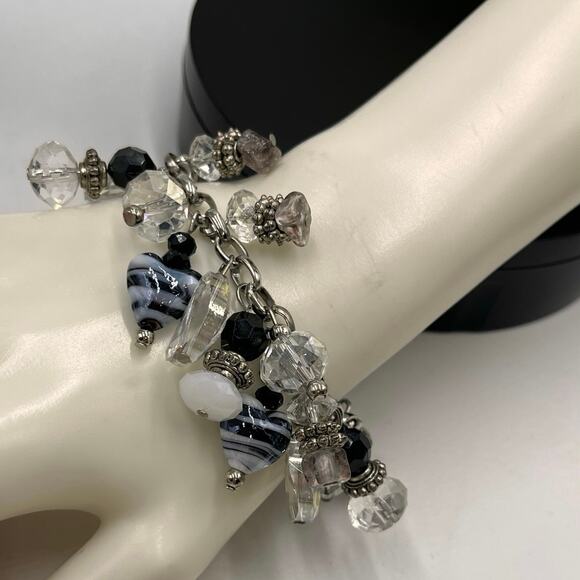 Black White Heart Art Glass Faceted Beads, Ab Beads Murano Cha Cha Bracelet - Picture 6 of 8
